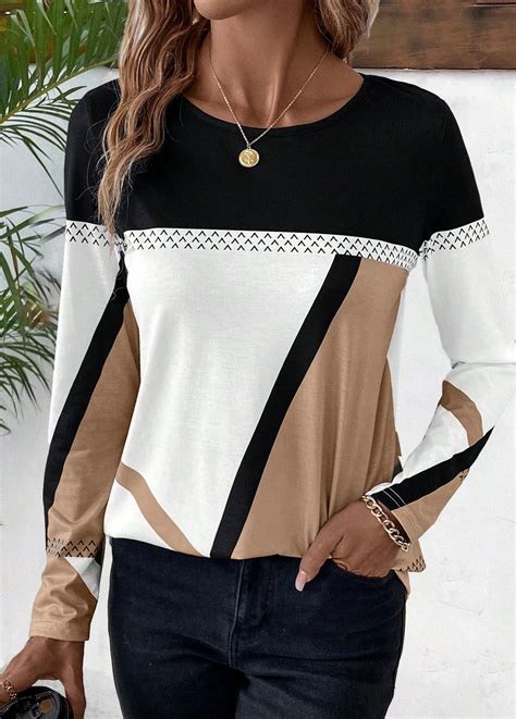 Rotita Plus Size Patchwork Light Coffee Geometric Print T Shirt