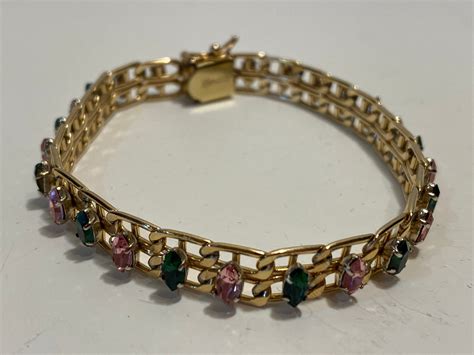 Vintage Gold Krementz Gorgeous Chain Link Bracelet With Pink Etsy