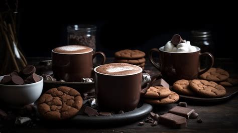 Una mesa con tazas de café y galletas Foto Premium