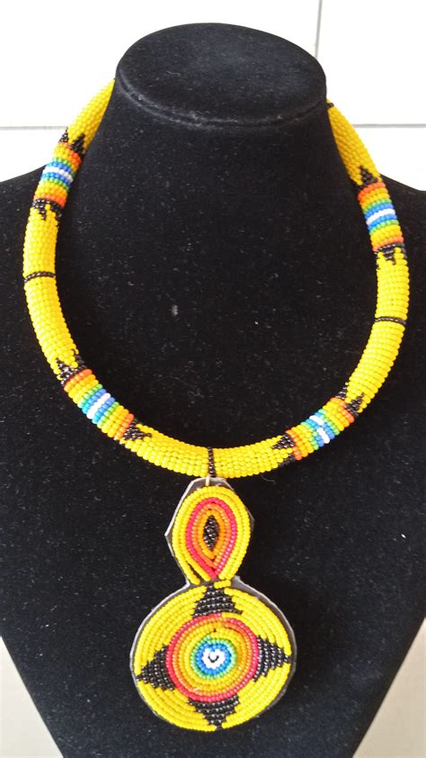 On Sale African Beaded Pendant Necklace Yellow Zulu Necklace Etsy Uk