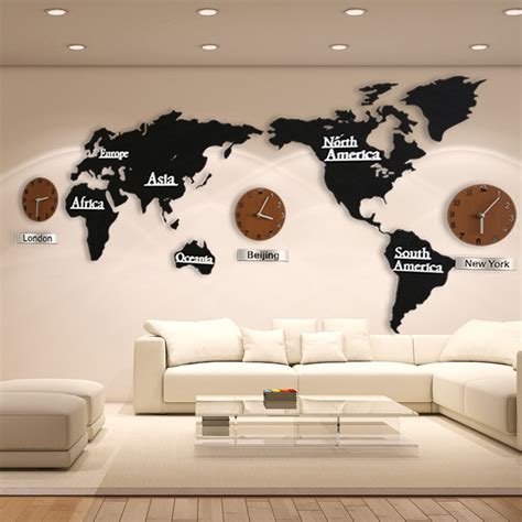 3d World Map Large Wall Clock Diy Wooden Mdf Digit Grandado