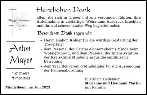 Traueranzeigen Von Anton Mayer Augsburger Allgemeine Zeitung