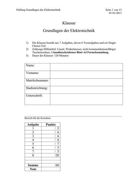 Klausur Grundlagen Der Elektrotechnik