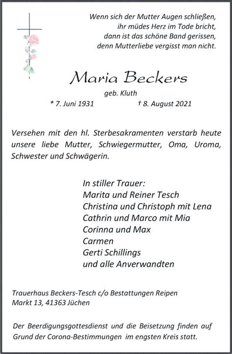 Alle Traueranzeigen F R Maria Beckers Trauer Rp Online De