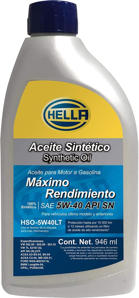 Hella Aceite 100 Sintético Para Motor A Gasolina 5W40 Garrafa De 5