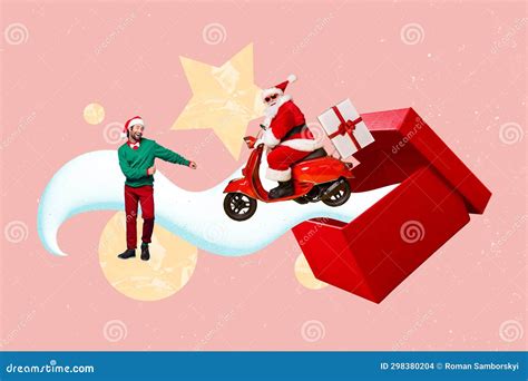 Creative Trend Collage Of Funny Santa Clays Moped Scooter Deliver