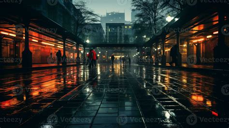 a rainy night scene with people walking down the street generative ai 32103816 Stock Photo at ...