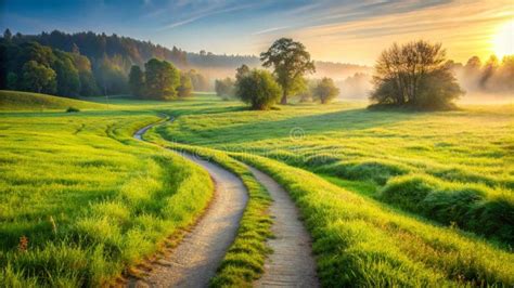 Scenic Winding Path Through A Field Of Green Grass In The Morning Generative Ai Stock