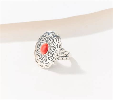 American West Sterling Silver Oval Gemstone Scalloped Concha Ring QVC