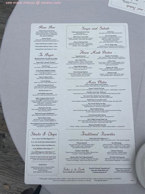 Online Menu Of The Mill On The River Restaurant South Windsor