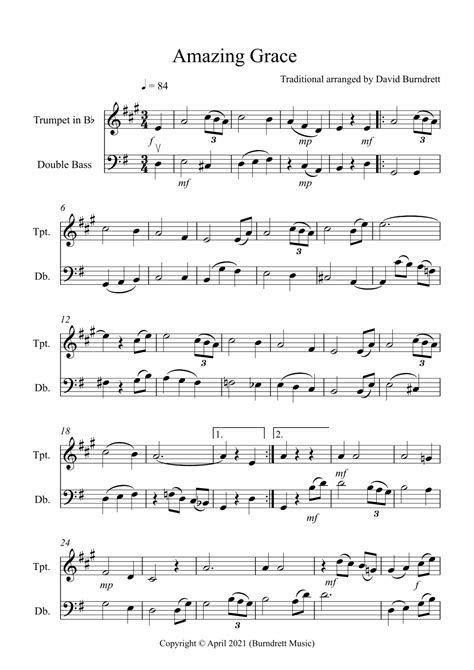 Amazing Grace For Trumpet And Double Bass Duet Arr David Burndrett