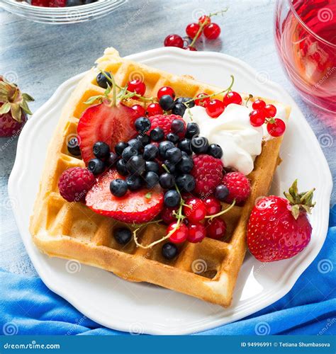 Healthy Breakfast Belgian Waffles With Sour Cream Strawberry