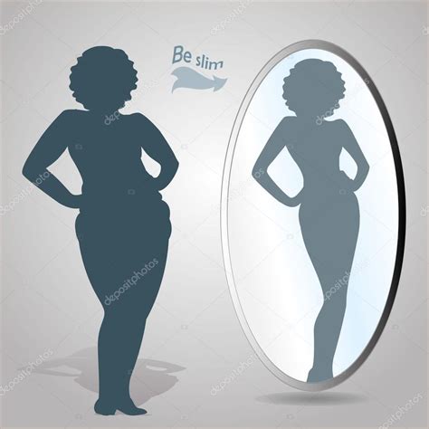 Fat Woman Looking In Mirror And Seeing Herself As Slim — Stock Vector