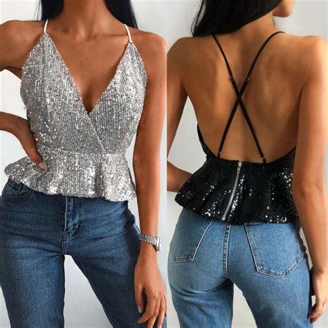 FREE SHIPPING Women Sequin Deep V Neck Backless Sleeveless Tank Tops