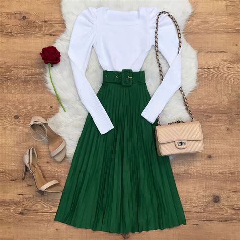 SAIA MIDI PLISSADA CINTO VERDE Dondoca Moda Feminina