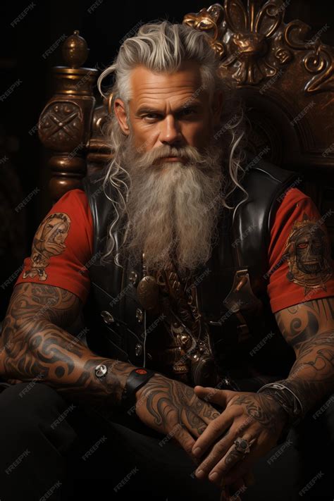 Premium AI Image | Old tattooed biker model sitting on the chair