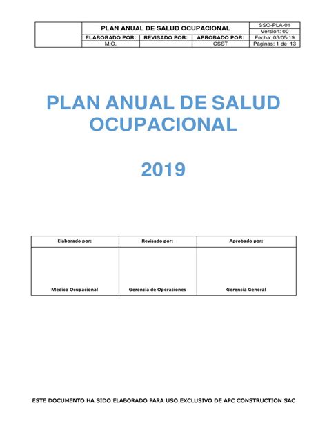 Sso Pla 001 Plan Anual De Salud Ocupacional 2019 Apc Seguridad Y Salud Ocupacional