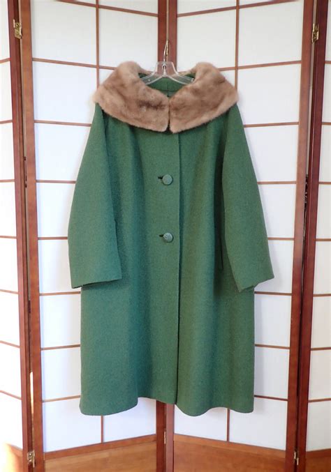 Vintage 1950s 1960s Moss Green Wool Swing Coat W Mink Fur Collar