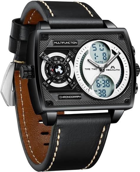 Megalith Watches Mens Leather Stylish Black Big Face Square Multi Time