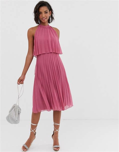 Asos Design Halter Tie Neck Midi Dress In Pleat Pink In 2021