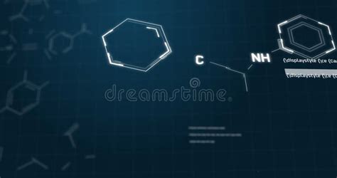 Image Of Chemical Formula Structures And Data Moving On Blue Background Stock Illustration