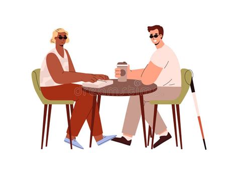 Blind People In Dark Glasses Drinks Coffee Outdoor Flat Style Stock
