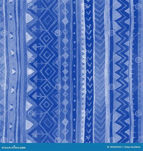 Blue Tribal Striped Seamless Pattern Watercolor Raster Texture In