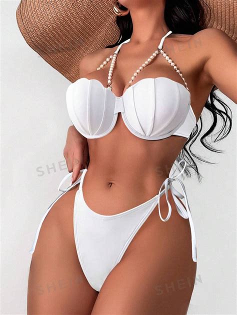 SHEIN Swim SXY Bañador bikini push up con diseño de perla ribete en