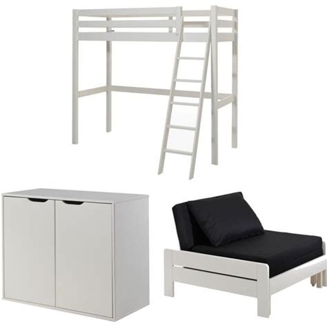 Lit Mezzanine 90x200 Sommier Inclus Commode 2 Portes Et Fauteuil Pino