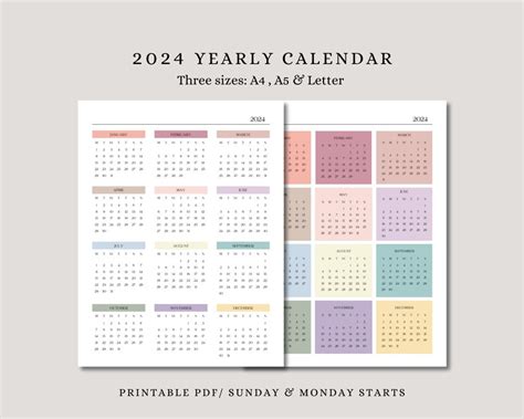 Year At A Glance Calendar 2024 A4 Letter A5 Portrait Yearly Calendar