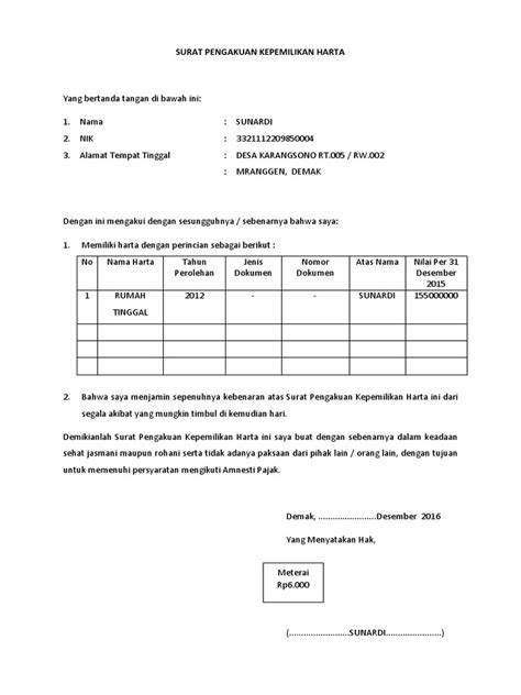 Contoh Surat Pengakuan Kepemilikan Harta Dan Nominee Pdf Hukum