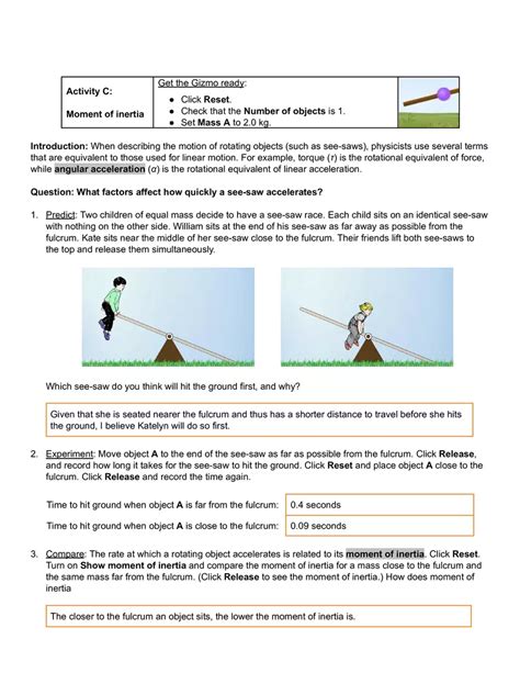 Torque And Moment Of Inertia Gizmo Answer Key Edubirdie