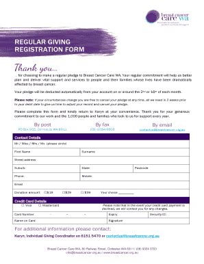 Fillable Online Breastcancer Org REGULAR GIVING REGISTRATION FORM