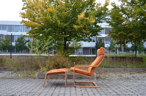 VINTAGE IKEA Poäng Velvet Leather Lounge Chair and Ottomane Noboru