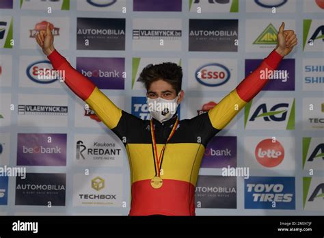 Belgian Wout Van Aert Celebrates On The Podium After Winning The Men S