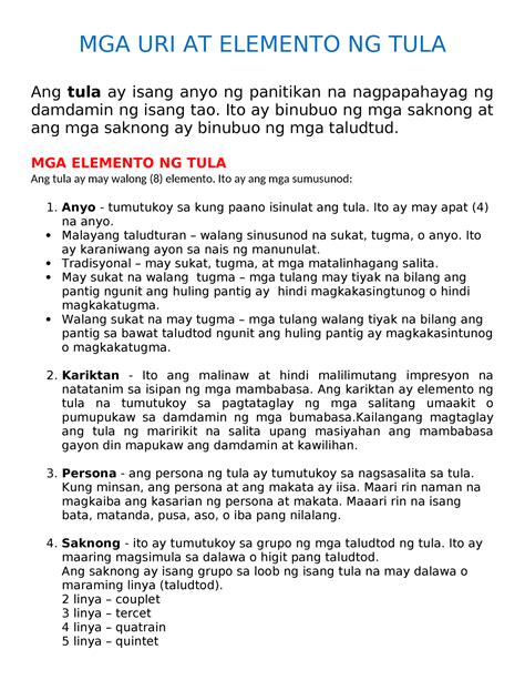 Mga Uri At Elemento Ng Tula Mga Uri At Elemento Ng Tula Ang Tula Ay Isang Anyo Ng Panitikan Na