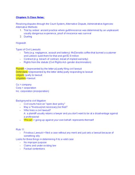 BLAW Chapter 2 3 Notes Chapters ⅔ Class Notes Resolving disputes