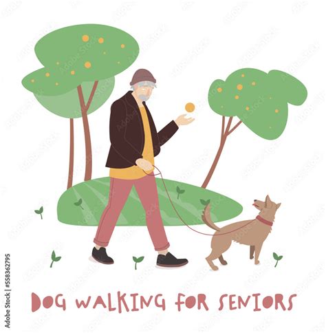 Old man walking a dog. Activity for seniors. Stock Vector | Adobe Stock