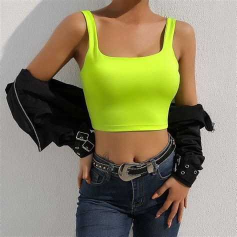 Summer Women Bodycon Sexy Crop Tops Streetwear Strap Neon Green