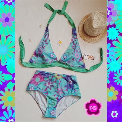 Blue Flower Power Bikini With High Waisted Bottoms 60 S 70 S