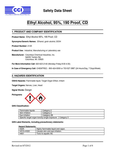 Ethyl Alcohol Safety Data Sheet Pdf Ethanol Water