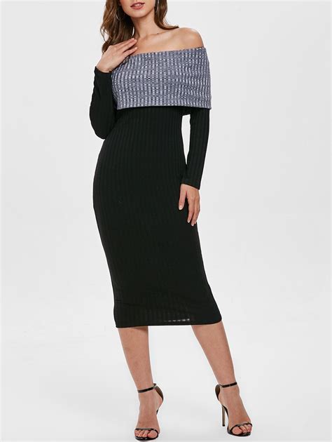 [25 Off] 2022 Contrast Knitted Off Shoulder Long Dress In Black