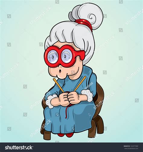 Vector Illustration Of A Grandma With Big Glasses Knitting While Sitting 132377309