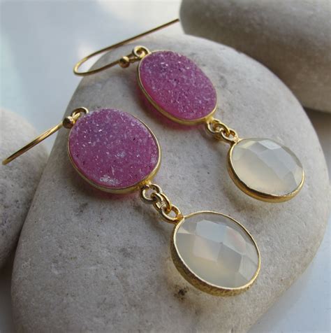 Pink Druzy Gemstone Dangle Earring White Moonstone Pink Druzy Drop