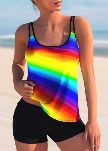 ROTITA Spaghetti Strap Rainbow Color Printed Tankini Set Rotita