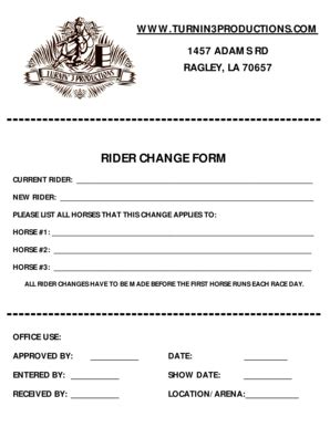 Fillable Online RIDER CHANGE FORM Turnin 3 Productions Fax Email