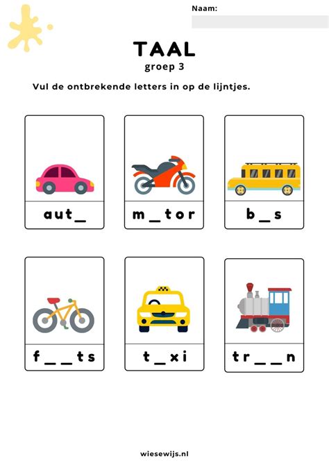 Werkblad Taal Groep Letters Invullen Thema Vervoer Wiesewijs