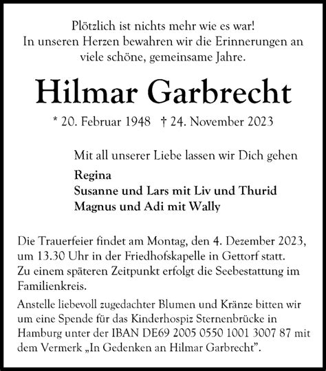 Traueranzeigen Von Hilmar Garbrecht Trauer Anzeigen De