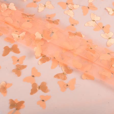 Buy Peach Butterfly Embroidery Net Fabric