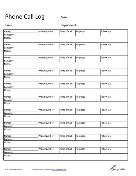 40 Printable Call Log Templates [word Excel Pdf] Templatelab